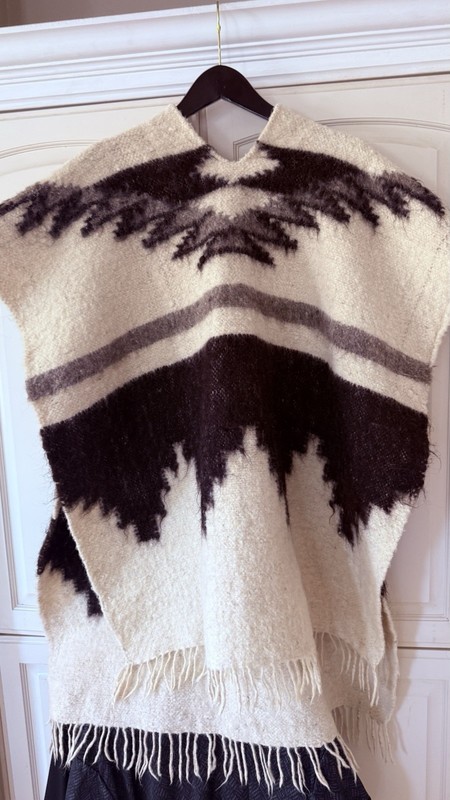 Beige Wool Poncho with Brown Geometric Pattern Traditional Fringed Design