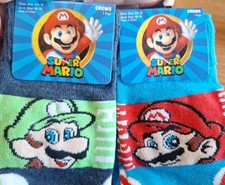 Nintendo Super Mario Crew Sock Set: Mario  Luigi  2 Pairs  Shoe Sz 6 1/2-12