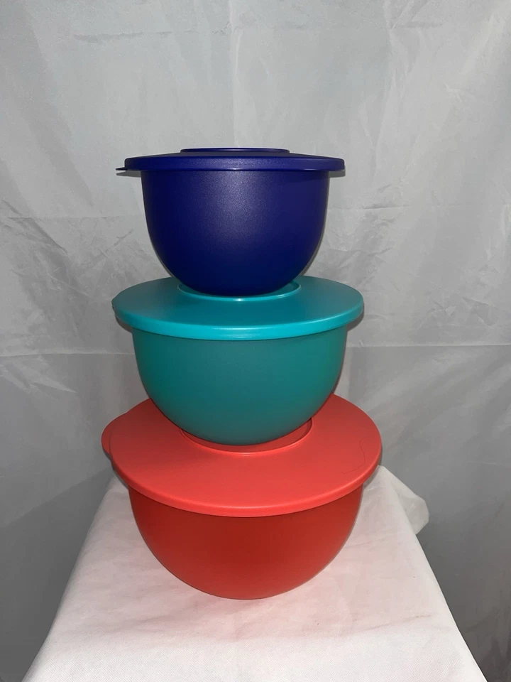 NEW Tupperware Impressions Bowl 3 pc Set Red Teal Green Indigo Blue with Seals - Image 2 of 4