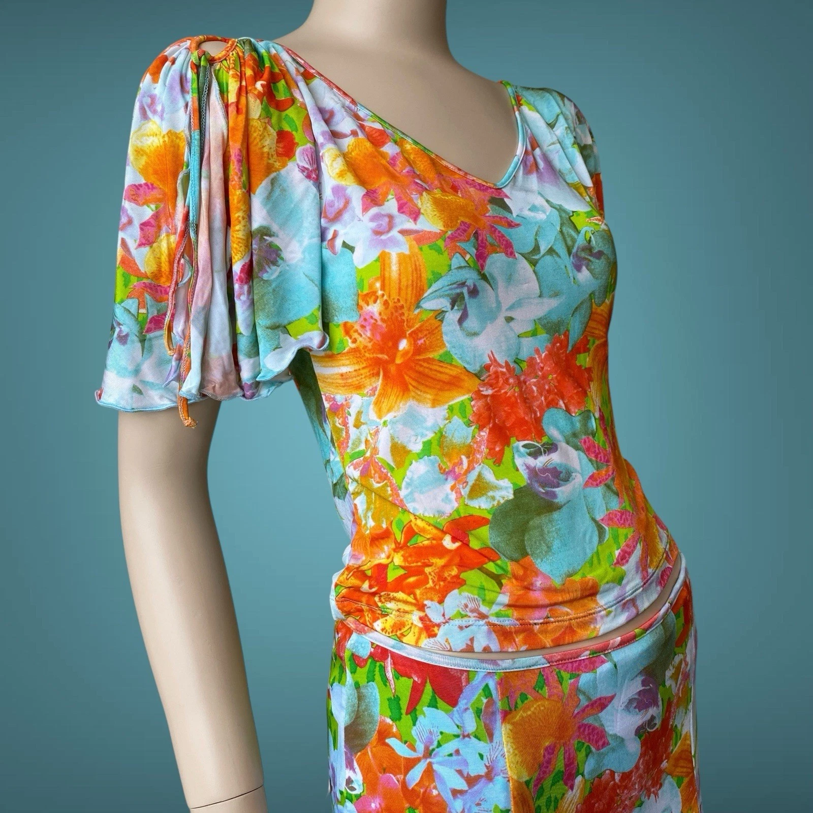 NUOVO Versace Jeans Couture SS 2006 abito floreale set camicetta + gonna taglia 44 M L