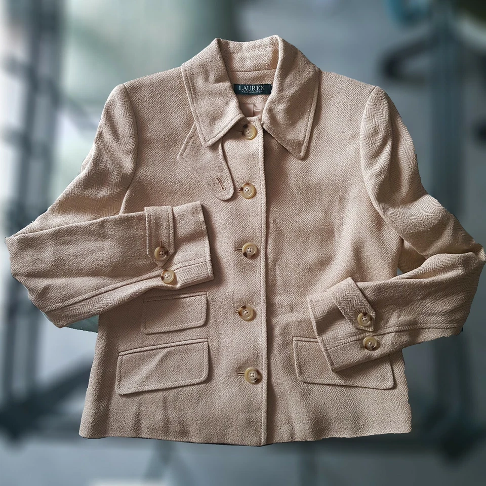 NEU RALPH LAUREN Damen Beige Seide Leinen Vier-Knopf Blazer Jacke $315 - Bild 2 von 4
