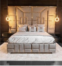 Image of Chelsea Luxury Velvet Bed Frame 70 Inch Tall Headboard Gold Inlays