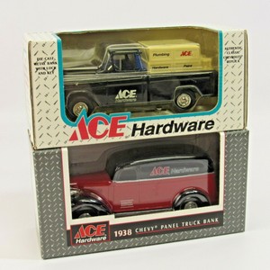 Ace-Hardware-Pair-of-Ertl-Die-Cast-Car-Banks-1938-Chevy-Panel-Truck-Cameo-Pickup