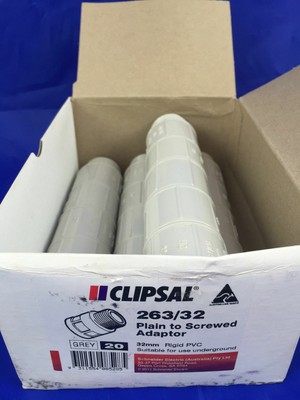 Clipsal 263/32 Plain to Screwed Adaptor 32mm Rigid PVC Grey Underground use x20
