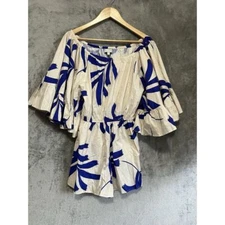 Willow Romper Large Blue & Cream Abstract Sam Puff Sleeves Shorts Cotton