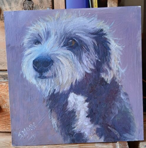 Schruffiger Hund Haustier Porträt Gemälde Original Öl an Bord 23x23cm  - Bild 1 von 3