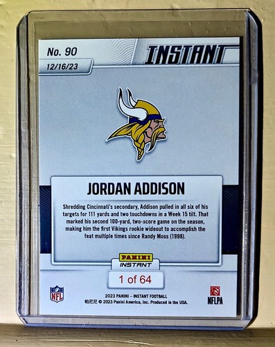 Jordan Addison 2023 Panini NFL Rookie Football #90 Card Vikings 1 of 64 - Picture 2 of 2