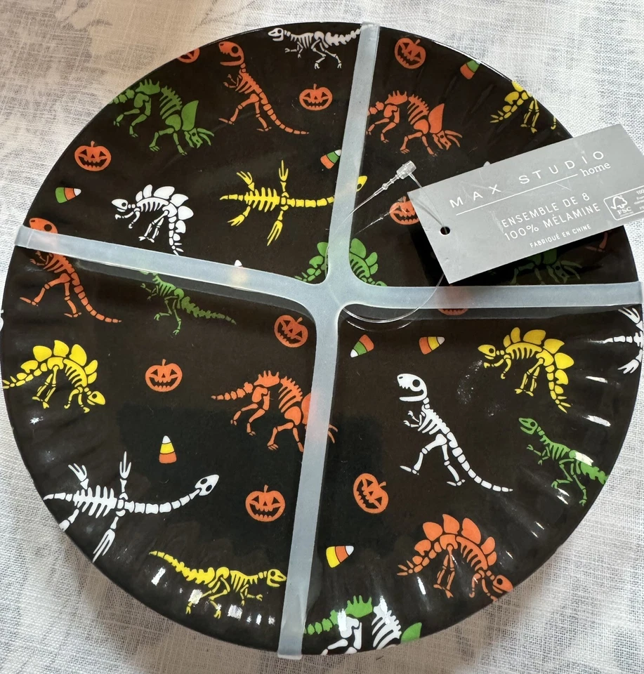 NUEVO CON ETIQUETAS Max Studio Home 8 Dinosaurio T Rex Caramelo Maíz Calabaza Halloween Platos de Postre Foto 2 de 4