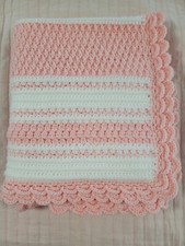 New Beautiful Hand Crocheted Baby Blanket, 37" X 37" - Pink  white