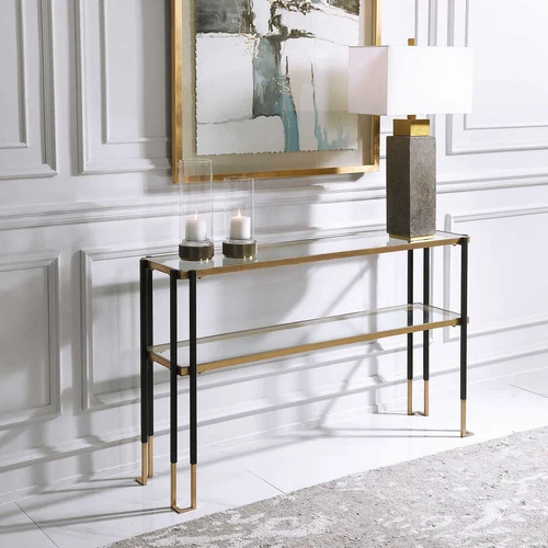 Kentmore Console Table Modern Matte Black and Brushed Gold  ~ Uttermost 24978 - Picture 2 of 7