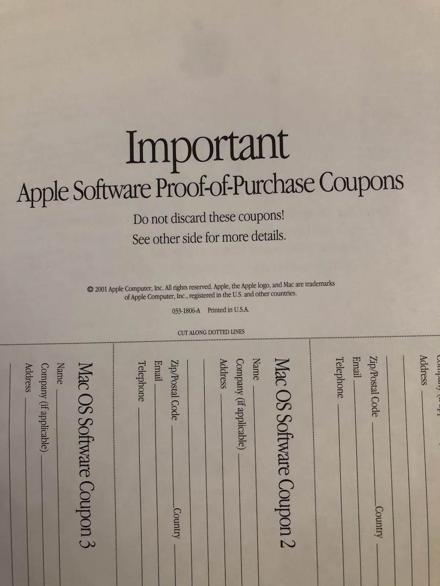 Apple Computer 2001 Warranty Papers Proof Of Purchase Vtg