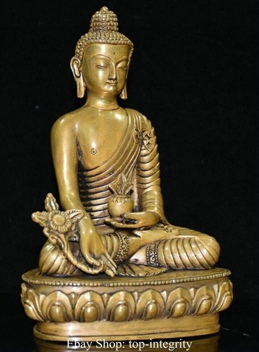 7" Old Tibet Tibetan Copper Seat Lotus Menla Medicine Buddha Medical God Statue - Picture 2 of 9