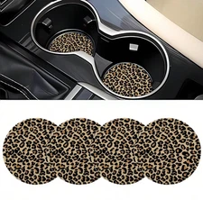 4 pcs PU Leather Leopard Car Cup Mats – 2.75″ Fashion Interior Coasters - NEW