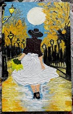 Vintage Handmade Acrylic Art of Woman Walking at Night on Textured Indian Canvas