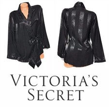 Victoria s Secret SHORT Kimono Robe Black Satin Stripes Polka Dots Size M NWT