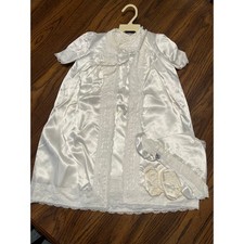 Vintage Sears White Satin Christening Gown Set Dress, Bonnet, Shoes  Lace Trim