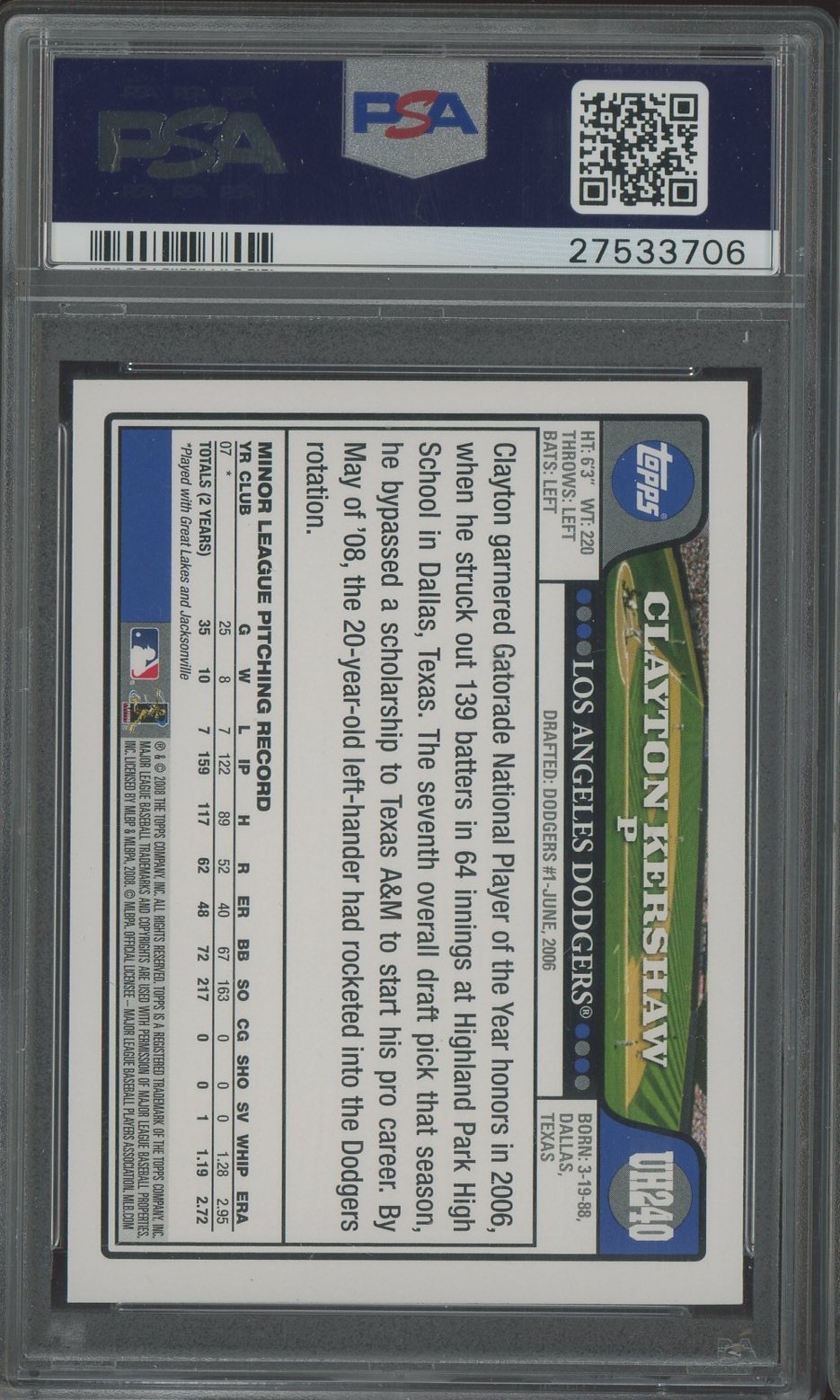 Clayton Kershaw 2008 Topps U & H Gold Foil Dodgers RC Rookie PSA 9 view 2