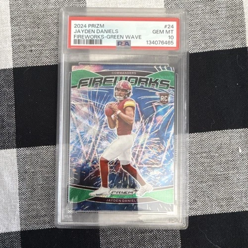 Panini Prizm 2024 Jayden Daniels Fireworks Green Wave Rookie #24 PSA 10