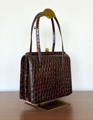 Vintage Mam selle Original Brown Alligator Embossed Leather Frame Handbag
