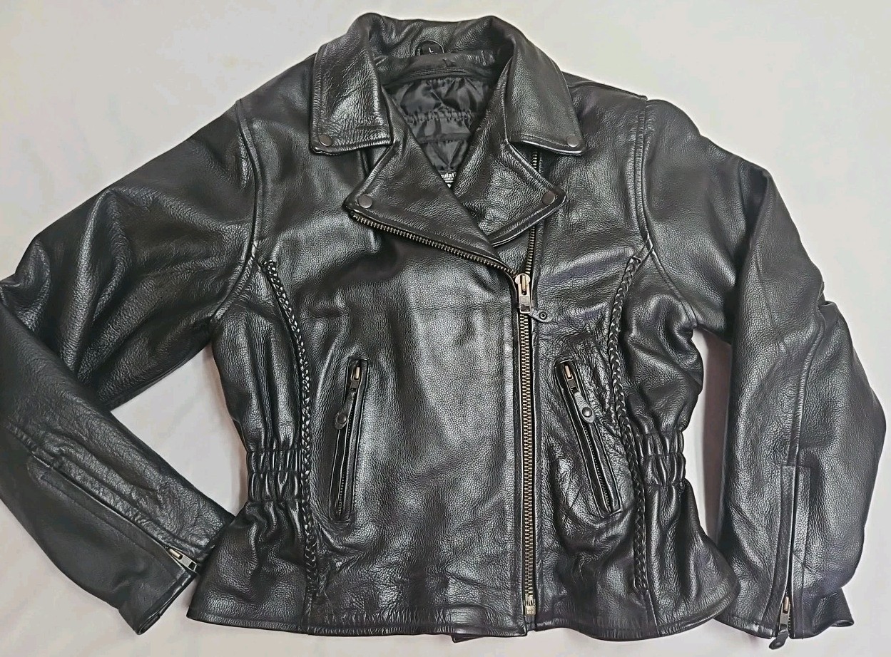 USA Bikers Dream Apparel HEAVY Black Leather Jacket Braided/Studded Zip Liner L