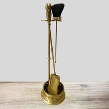 Vintage Brass Fireplace Tool Set, Stand 2 PC Set Shovel Brush Poker Mid Century