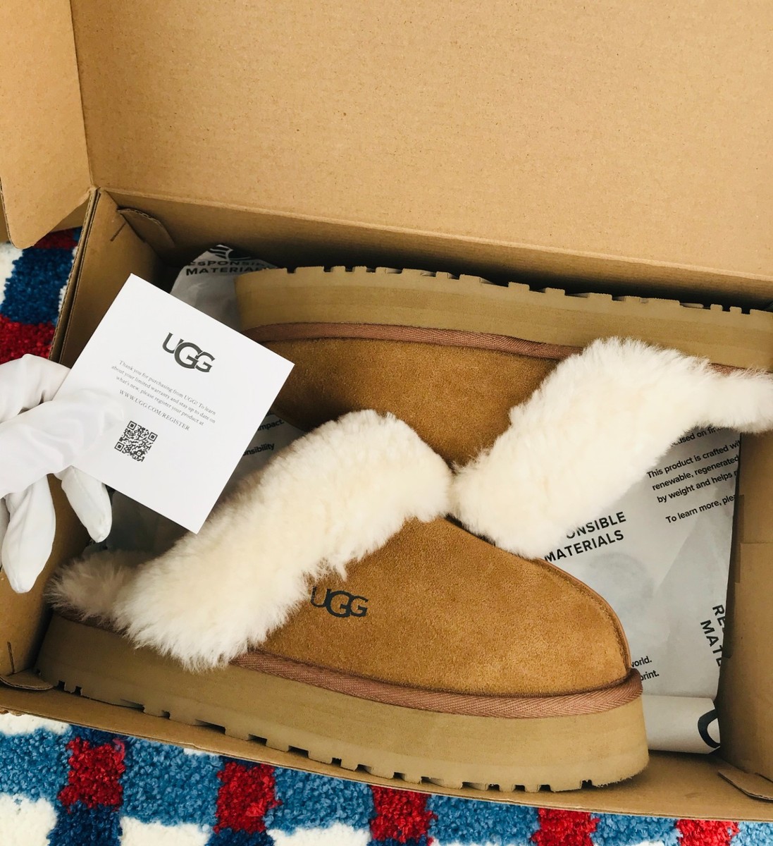 UGG Women's Disquette Suede Chestnut Woolen Warm Platform Slippers