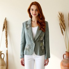 Vintage Romantic Blazer Grey Green Linen Blend Collared Long Sleeve US 8