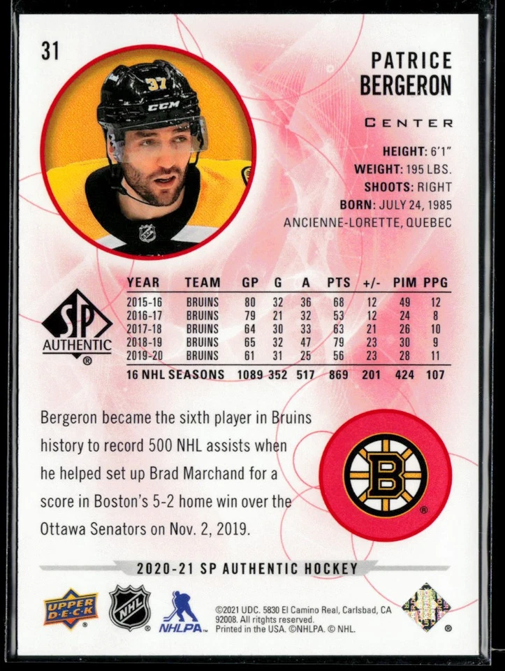 2020-21 SP Authentic Limited Red #31 Patrice Bergeron - Image 2 of 2