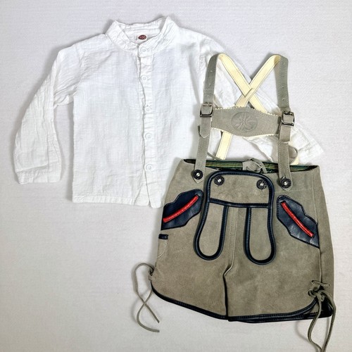 Vtg Kitz Austria Kids Toddler Lederhosen Set Real Suede Shorts Shirt Edelweiss