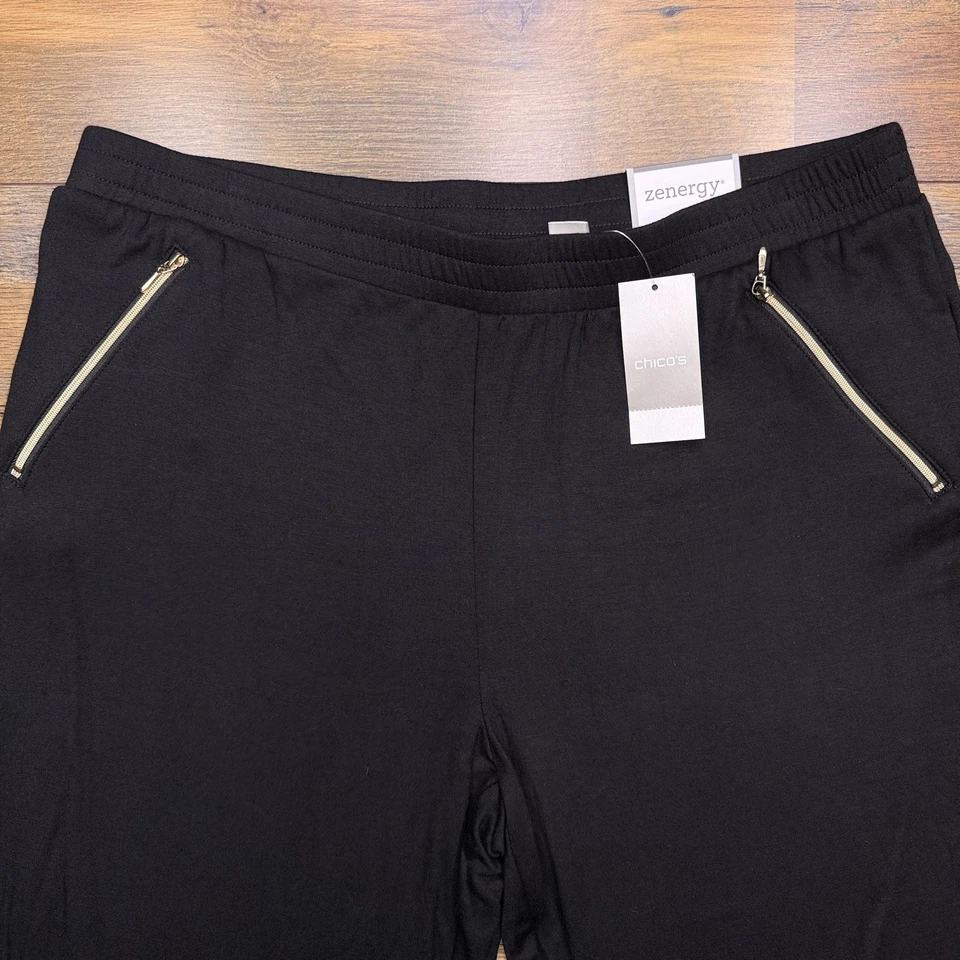 Pantalones al tobillo Zenergy relajados con cremallera bolsillo para mujer 2 negros tiro alto elásticos nuevos Foto 3 de 4