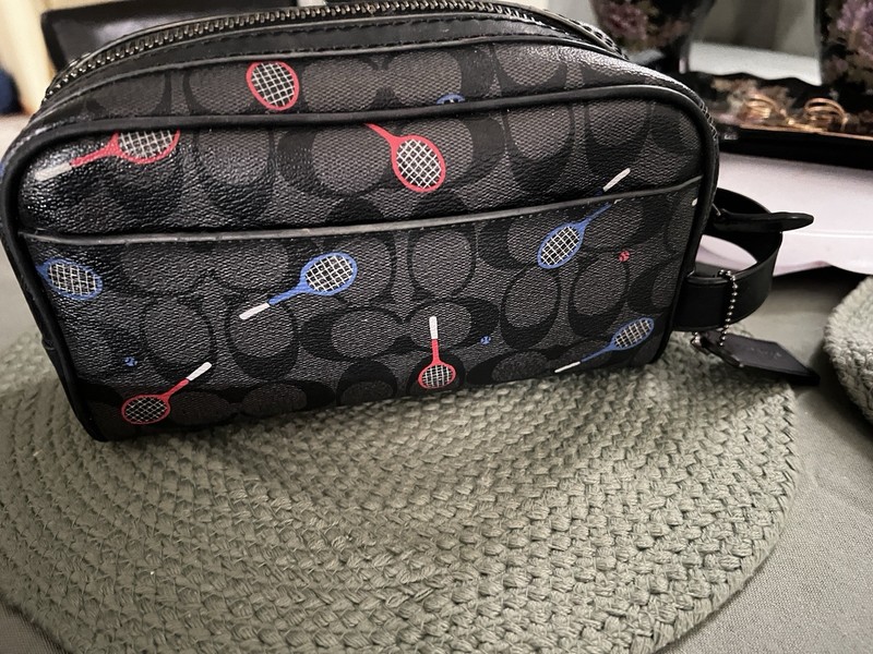 COACH Makeup Bag Black Gray Signature Tennis Racquet Print Zip Closure