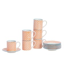 12 Piece Hand-Printed Espresso Cup & Saucer Set - 65ml - Orange