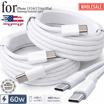 60W Fast Charging Braided USB-C to USB-C Cable For iPhone 15 16 Samsung iPad Lot