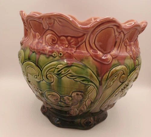 Antique Weller Majolica Jardiniere Art Nouveau Drip Pink Green Glaze 9.5"h 11"w