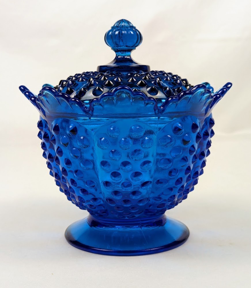 Vtg Fenton Colonial Blue Glass, Hobnail, Pedestal, Covered Candy Dish w/Repair