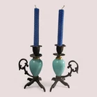 Antique Victorian Cast Iron Blue Milk Glass Candle Holders Eagle Set of 2