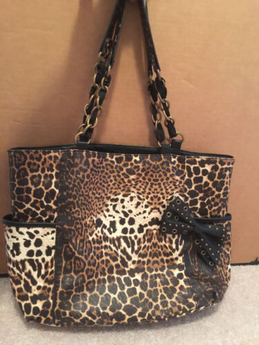 Jessica Simpson Large Animal Print Tote Purse Studded Bows Chain Straps Pockets - Picture 1 of 15