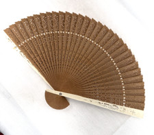 Vtg Asian Wooden Folding 8" Hand Fan Wedding intricate carved purse size church