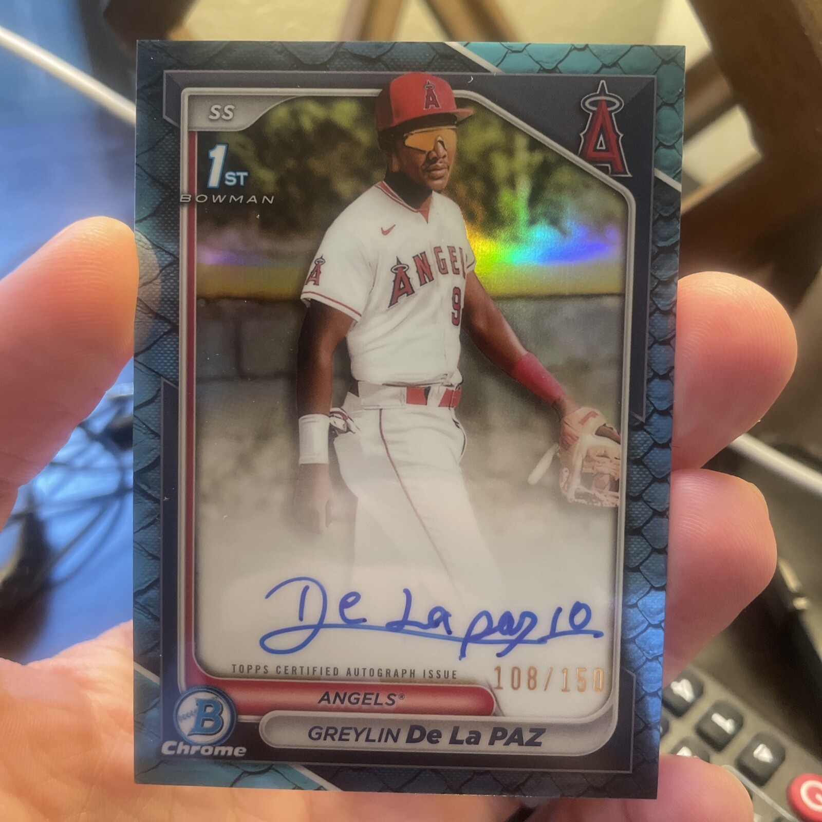 2024 Bowman Chrome GREYLIN DE LA PAZ 1st Bowman Blue Reptilian /150 Angels Auto
