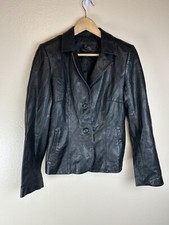 Frenchi M Lamb Skin Genuine Leather Black Blazer Jacket Vintage Notch Collar