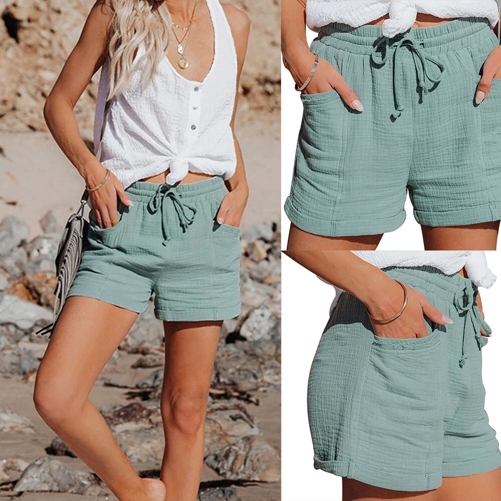 Summer Womens Linen Elastic Waist Drawstring Shorts Casual Hot Pants Size 6 14