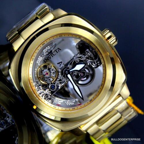 Mens Invicta Aviator Ghost Bridge Mechanical Skeleton Gold Plated 48mm Watch New - Afbeelding 1 van 12