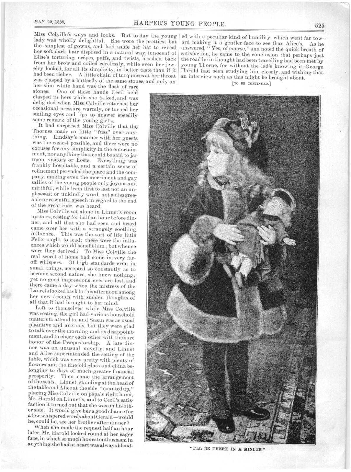 I'LL BE THERE IN A MINUTE.VTG 1888 HARPER'S ENGRAVING PRINT ON 11"x8