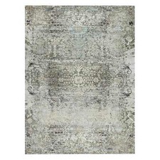 9' x 12' Gray Hand Knotted Erased Medallion Design Silk and Wool Rug R90679