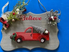 Christmas Sign Decor Wood Plaque Hanging Wall Art Xmas Sign 9x6” red truck CUTE