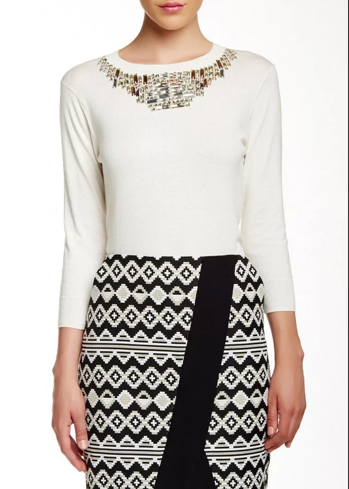 TED BAKER sz S Blithe 3/4 Sleeve Ivory Knit Embellished Neckline Sweater - Image 2 of 4