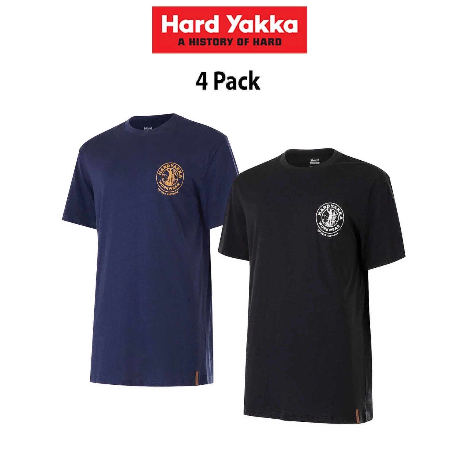 Hard Yakka Mens 4Pack Core Short Sleeve Crew Neck Comfy Heritage Icon Tee Y11486
