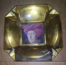 Large Gold Glass Ashtray Painted Lady Art Face 9" Vintage 1960s Felt Bottom