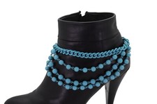 Women Turquoise Baby Blue Metal Boot Chain Bracelet Shoe Anklet Ball Waves Charm