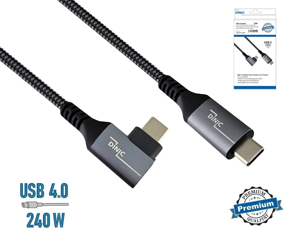 DINIC USB C 4.0 Kabel, gerade auf 90° Winkel, PD 240W, 40Gbps, Alu Stecker, 1 m - Bild 2 von 4